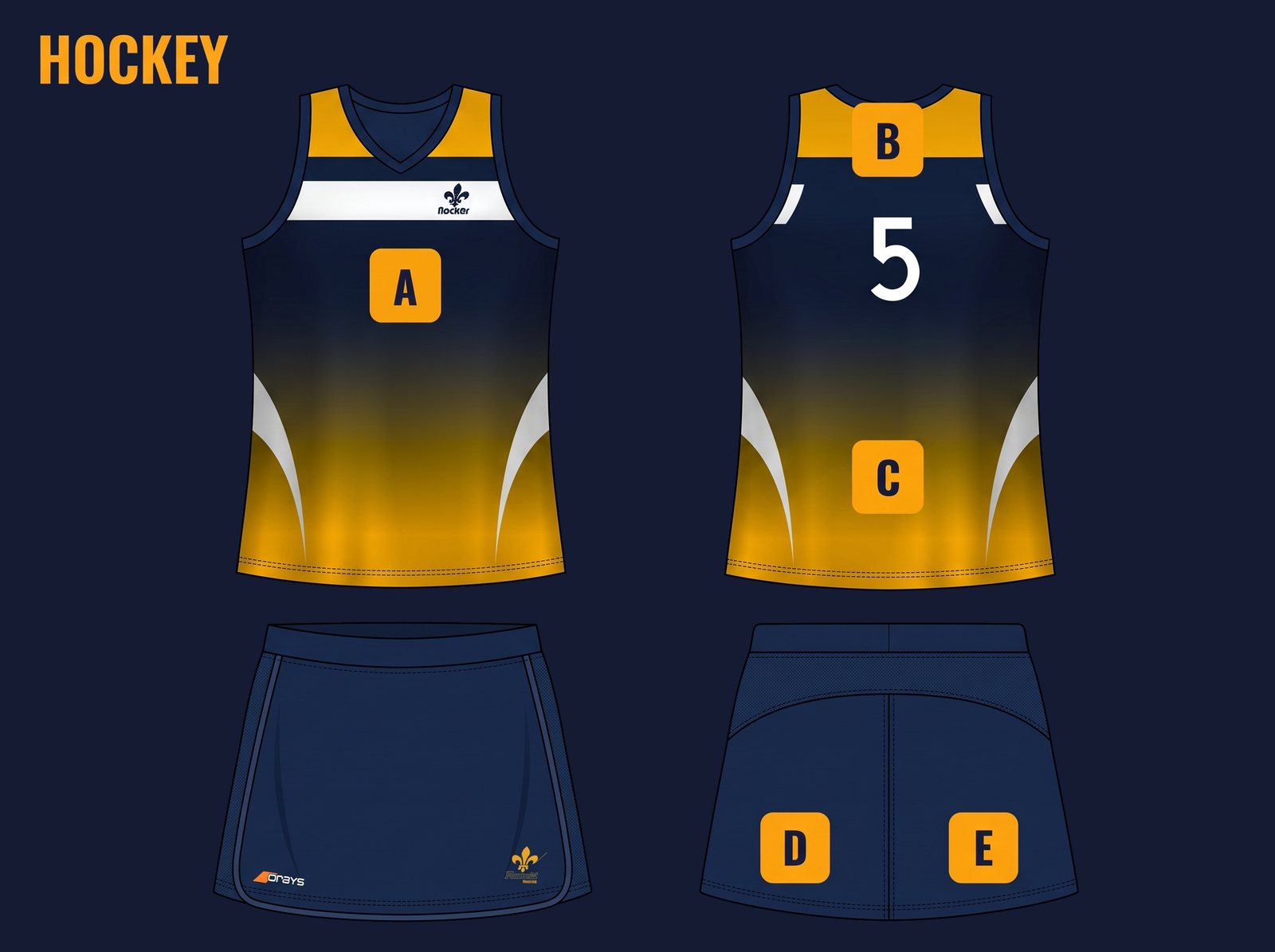 Indumentaria de hockey 2027: camiseta de frente y espalda y falda, con las posiciones A, B, C, D y E marcadas.