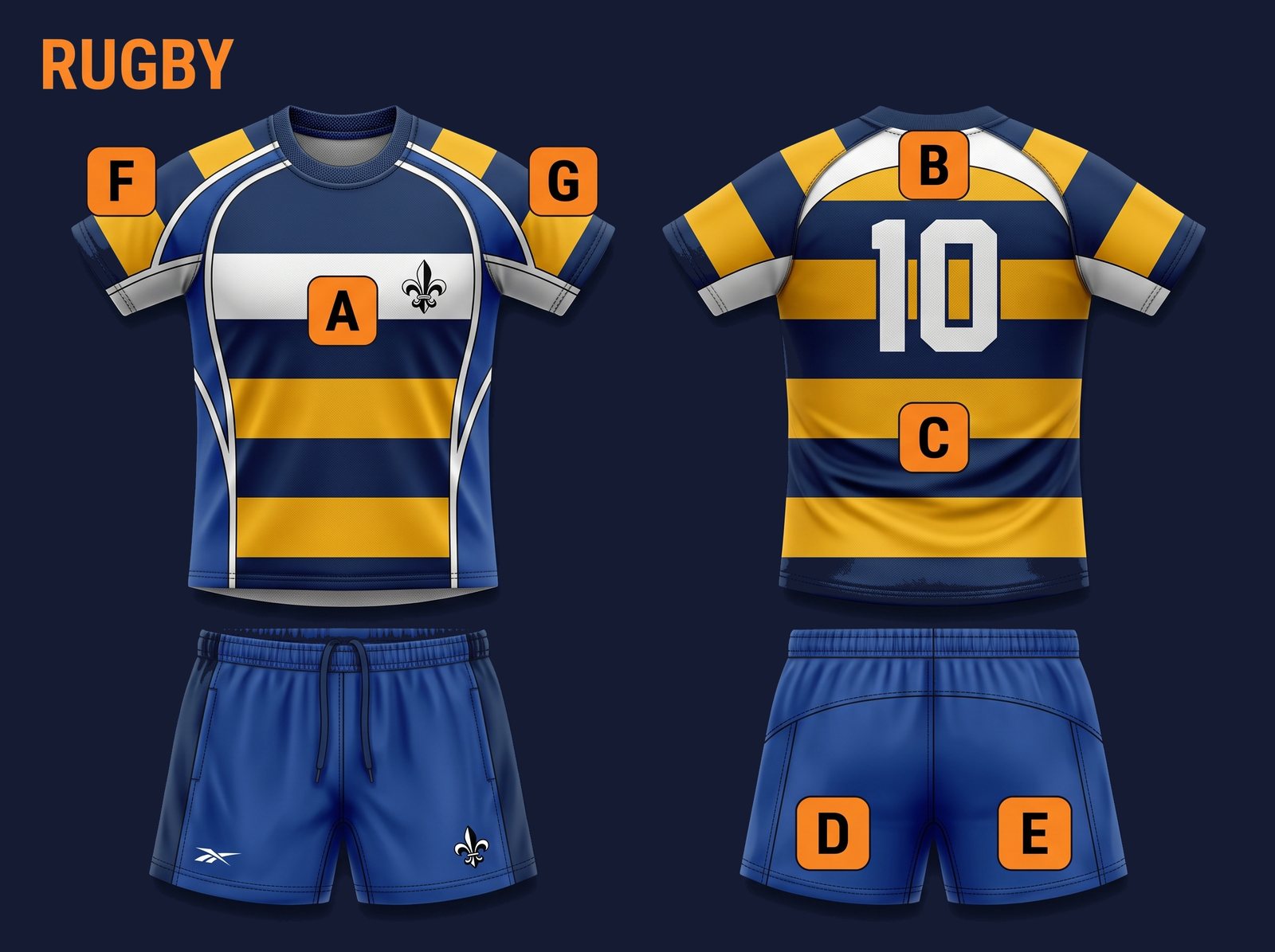 Indumentaria de rugby 2027: camiseta de frente y espalda y short, con las posiciones A, B, C, D, E, F y G marcadas.